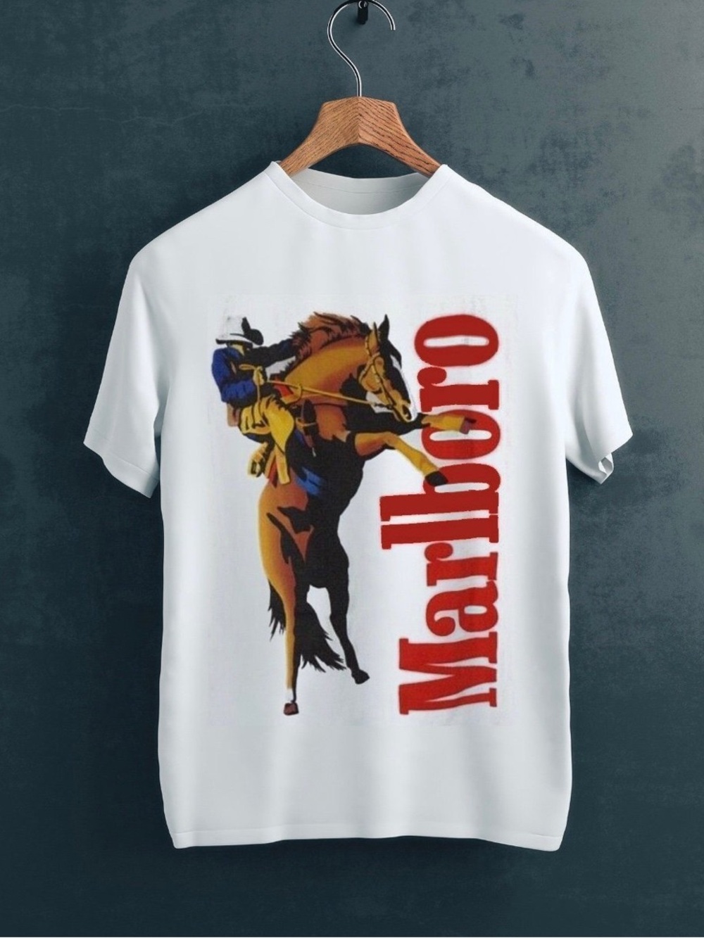 Marlboro White Tee with Rodeo Horse Graphic and Red Logo
